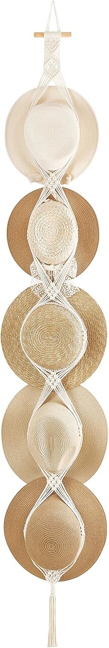 Macramé Hat Hangers – Wall-Mounted Boho Hat Rack, Handmade Cowboy and Western Hat Organizer, Hanging Display for Wide-Brim, Bowler, and Fedora Hats, Holds Up to 5 Hats
